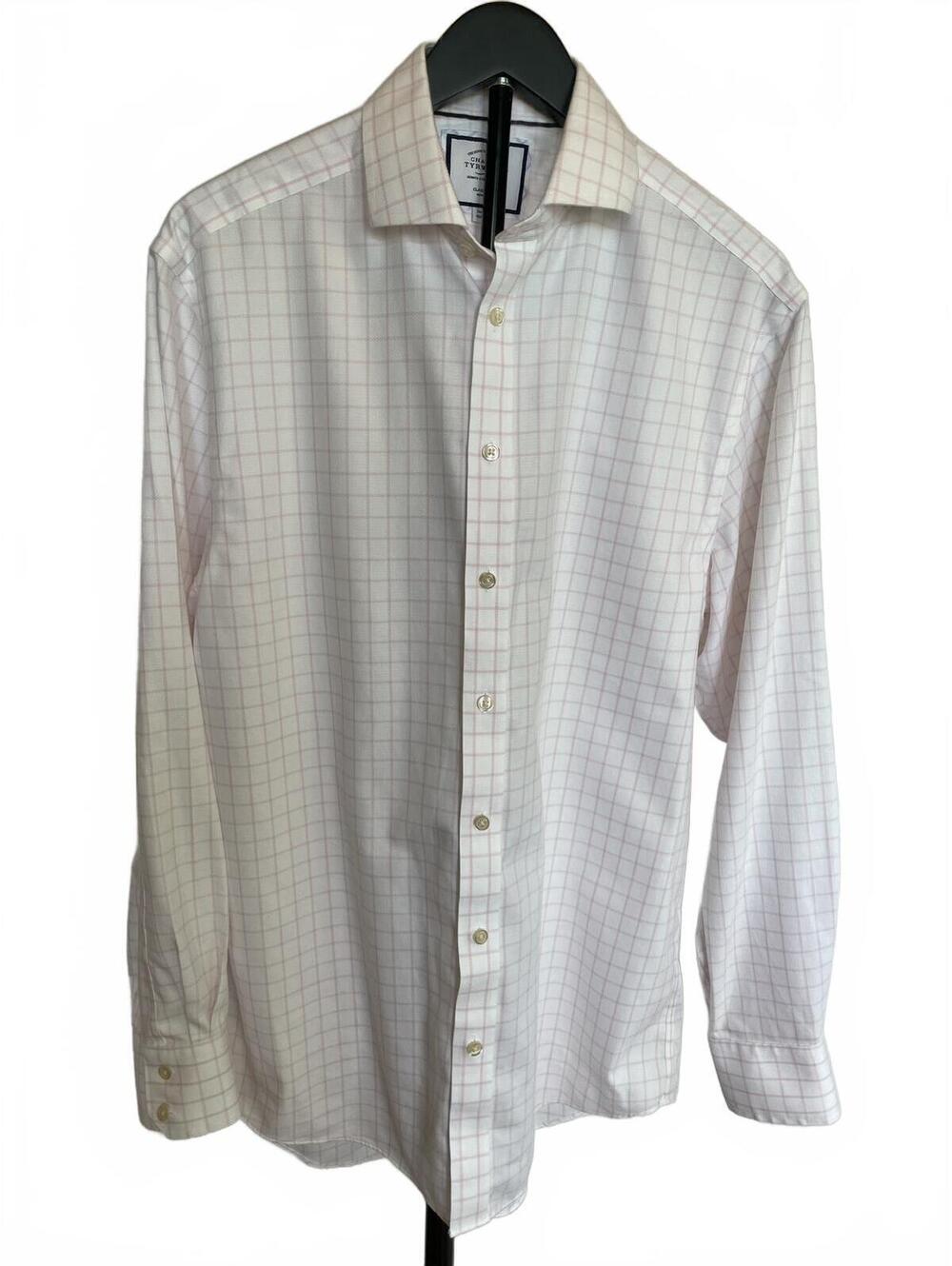 Trywhitt White Pink Windowpane Check Dress Shirt 16 35 Non-Iron Button Front